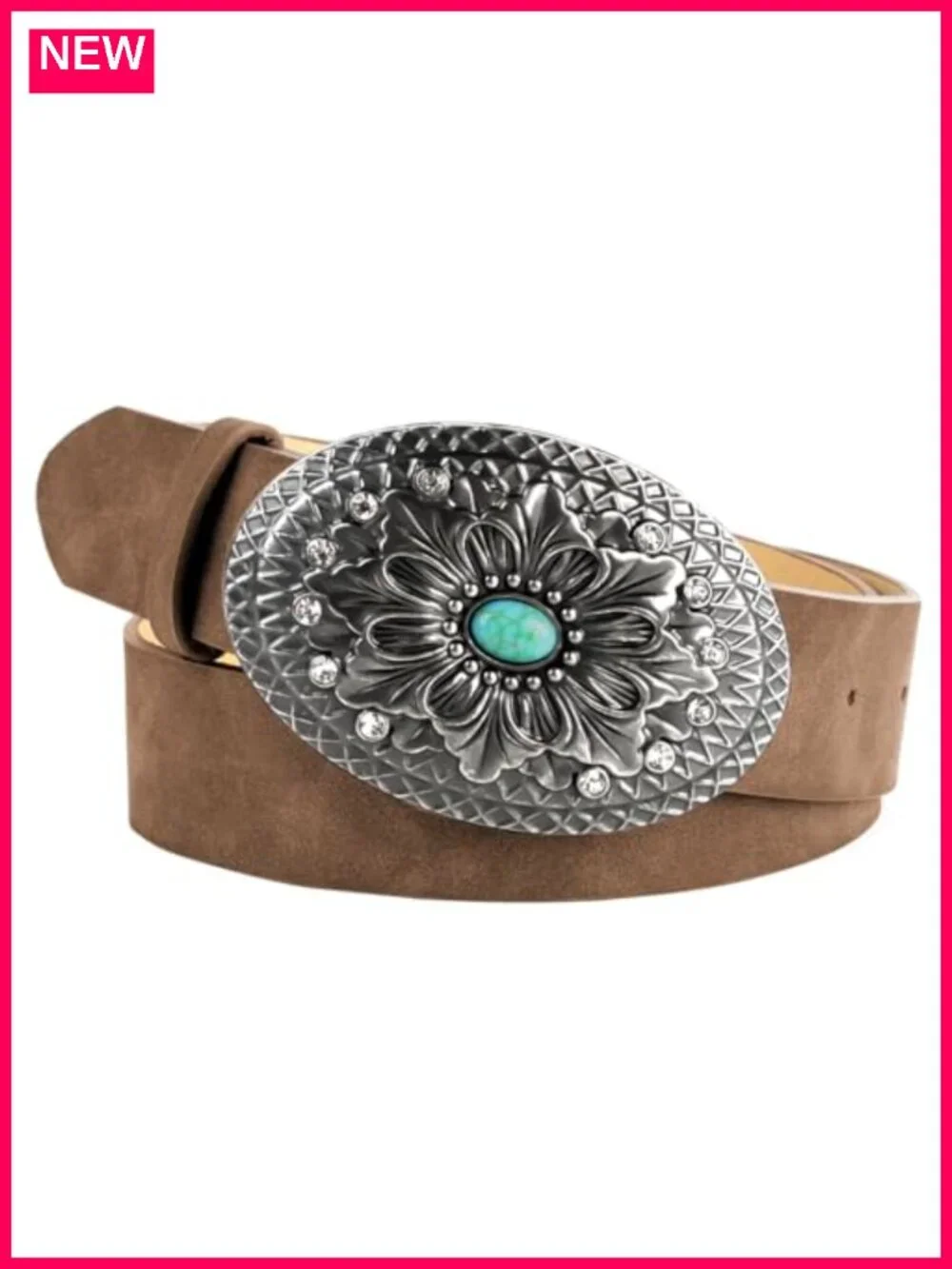 Western Belt with Turquoise Rhinestone Buckle, Vegan Leather, Fits 26-40 Inch